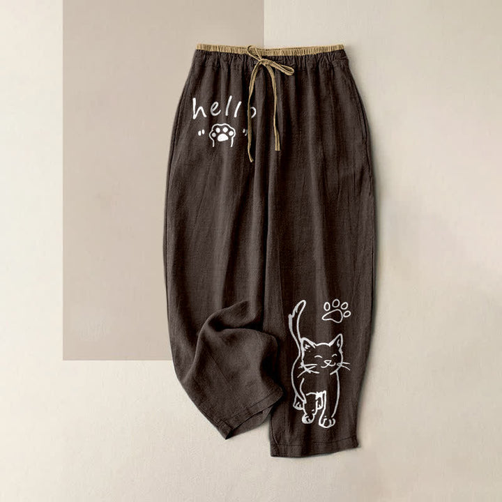 Buddha Stones Damesbroek van 100% Cotton met Hello Cat-pootjesprint, elastische Taille en Zakken. - Zadelbruin - US16, UK/AU20, EU48 (3XL) - image 5