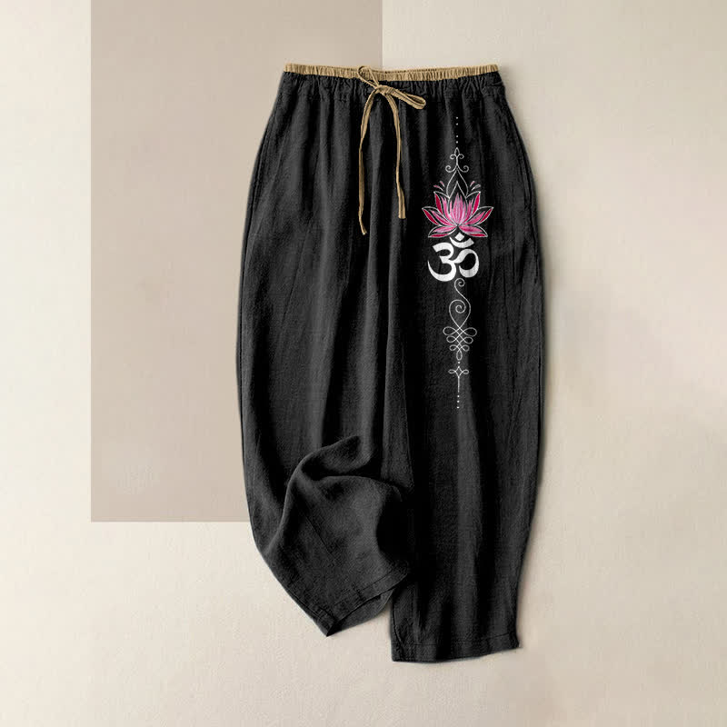Buddha Stones Damesbroek van 100% Cotton met Zen Lotus Om-patroon, elastische Taille en Zakken. - Zwart - US16, UK/AU20, EU48 (3XL) - image 0