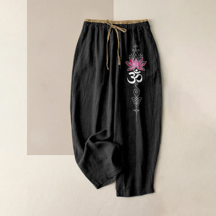 Buddha Stones Damesbroek van 100% Cotton met Zen Lotus Om-patroon, elastische Taille en Zakken. - Zwart - US16, UK/AU20, EU48 (3XL) - image 0