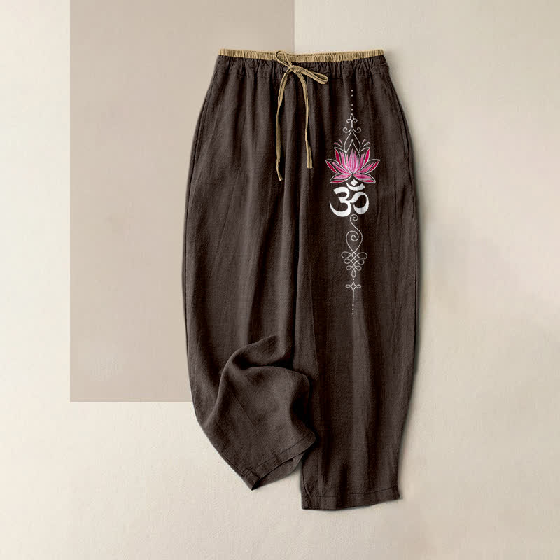 Buddha Stones Damesbroek van 100% Cotton met Zen Lotus Om-patroon, elastische Taille en Zakken. - Zadelbruin - US16, UK/AU20, EU48 (3XL) - image 4