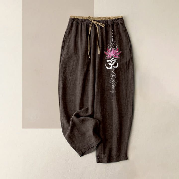 Buddha Stones Damesbroek van 100% Cotton met Zen Lotus Om-patroon, elastische Taille en Zakken. - Zadelbruin - US16, UK/AU20, EU48 (3XL) - image 4