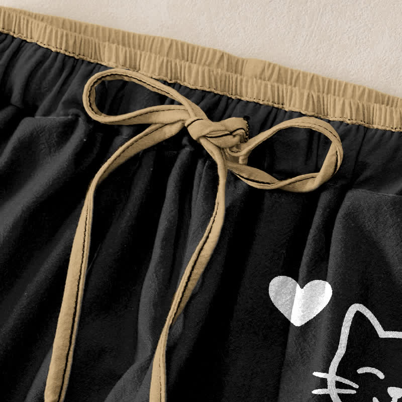 Buddha Stones Damesbroek van 100% Cotton met elastische Taille en Zakken , met schattig kattenhartje en pootafdrukpatroon. - image 1