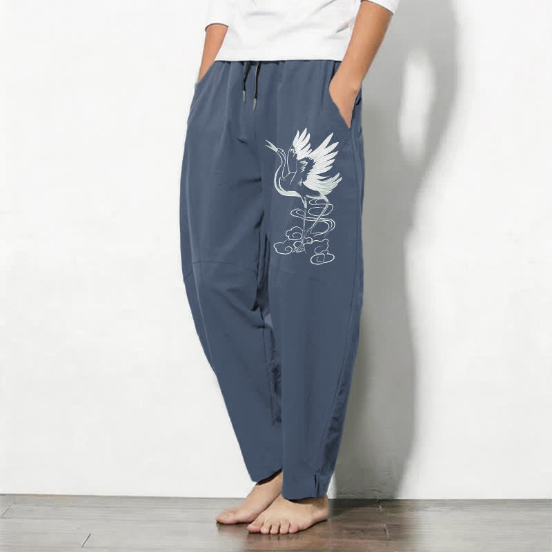 Buddha Stones Witte herenbroek van 100% Cotton met trekkoord en Zakken , met kraanvogelprint. - image 1