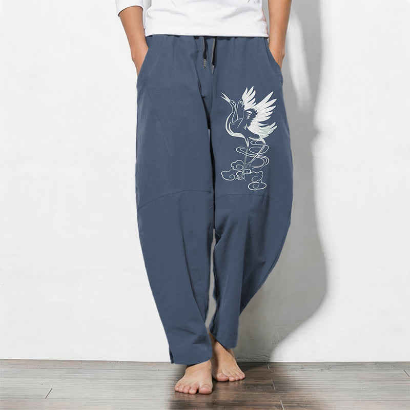 Buddha Stones Witte herenbroek van 100% Cotton met trekkoord en Zakken , met kraanvogelprint. - Staalblauw - US/UK/AU50, EU60 (5XL) - image 0