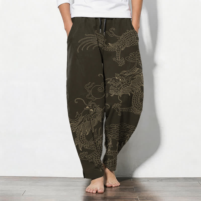 Buddha Stones Herenbroek van 100% Cotton met gouden drakenwolkenpatroon, trekkoord en Zakken. - Zadelbruin - US/UK/AU50, EU60 (5XL) - image 0