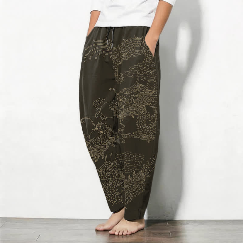 Buddha Stones Herenbroek van 100% Cotton met gouden drakenwolkenpatroon, trekkoord en Zakken. - image 1