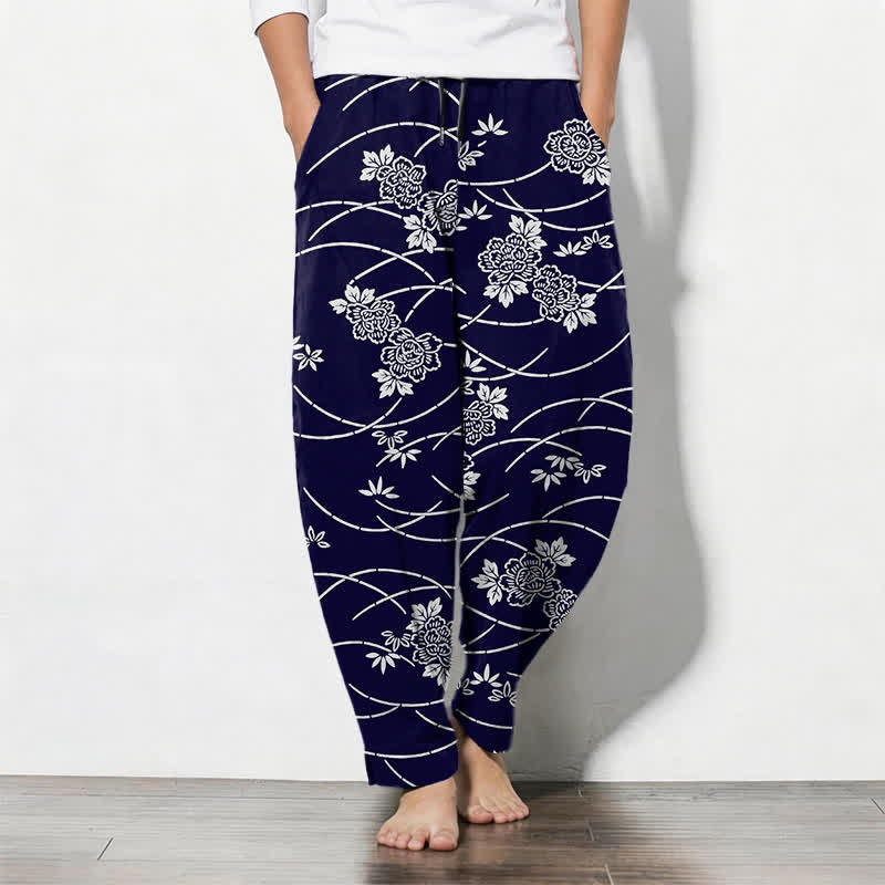 Buddha Stones Witte herenbroek van 100% Cotton met trekkoord en Zakken , met bloemen- en rankenpatroon. - Marine - US/UK/AU50, EU60 (5XL) - image 0