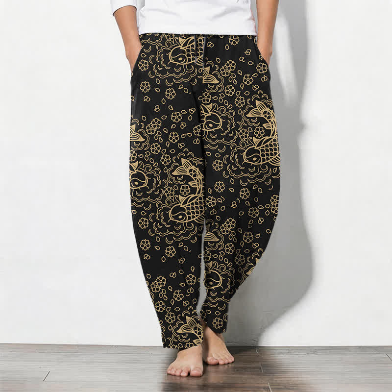 Buddha Stones Herenbroek van 100% Cotton met gouden koivissen en bloemenpatroon, trekkoord en taps toelopende pijpen, inclusief Zakken. - Zwart - US/UK/AU50, EU60 (5XL) - image 0