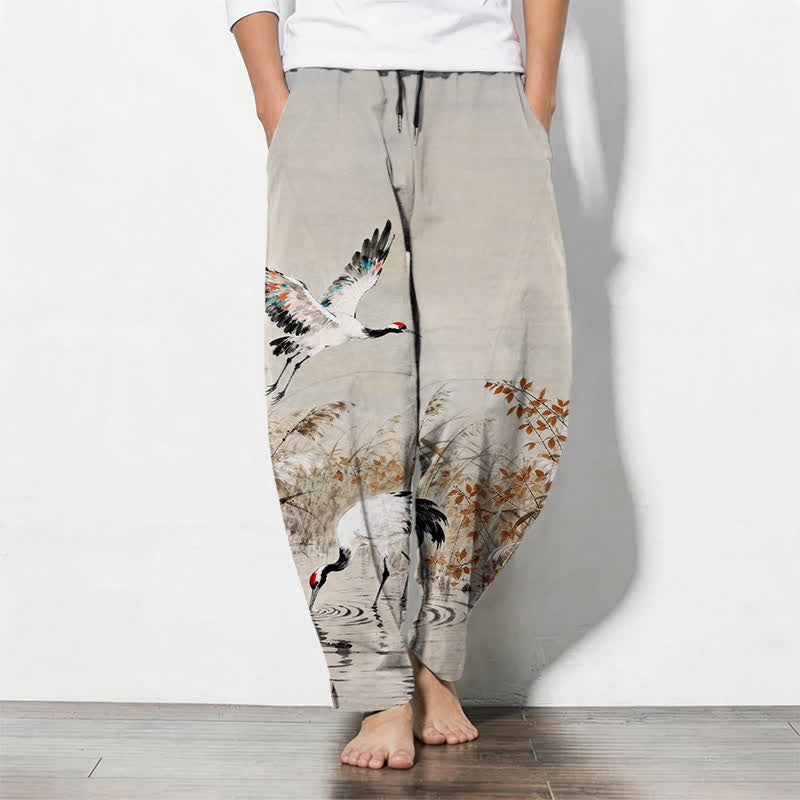 Buddha Stones Taps toelopende herenbroek met Zakken , met inktwassing van 100% Cotton, kraanvogelrietpatroon. - Beige - US/UK/AU50, EU60 (5XL) - image 0