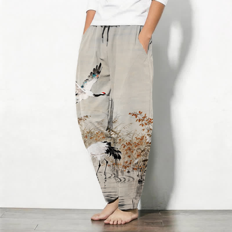 Buddha Stones Taps toelopende herenbroek met Zakken , met inktwassing van 100% Cotton, kraanvogelrietpatroon. - image 1