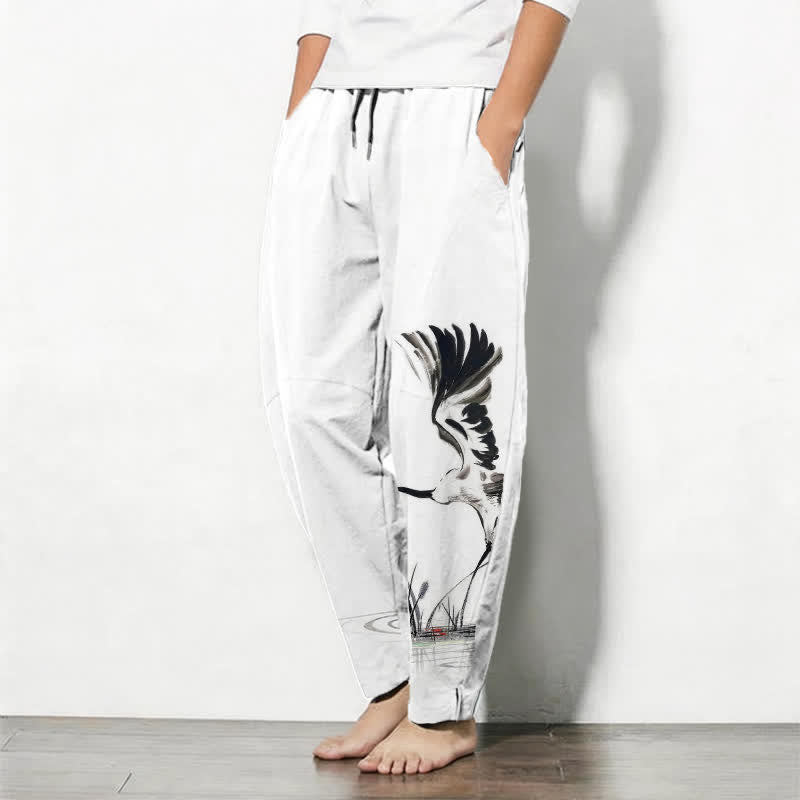 Buddha Stones Taps toelopende herenbroek van 100% Cotton met kraanvogel- en rietpatroon en trekkoord, inclusief Zakken. - image 1