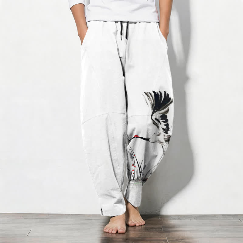 Buddha Stones Taps toelopende herenbroek van 100% Cotton met kraanvogel- en rietpatroon en trekkoord, inclusief Zakken. - Wit - US/UK/AU50, EU60 (5XL) - image 0