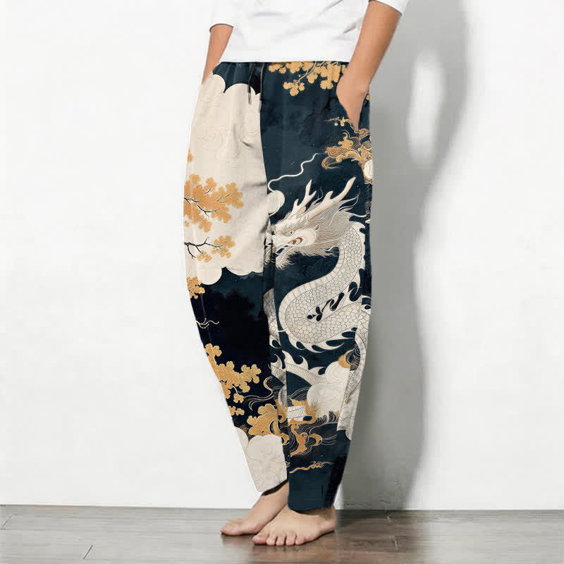 Buddha Stones Herenbroek van 100% Cotton met oosters draken- en wolkenpatroon, trekkoord en Zakken. - image 1