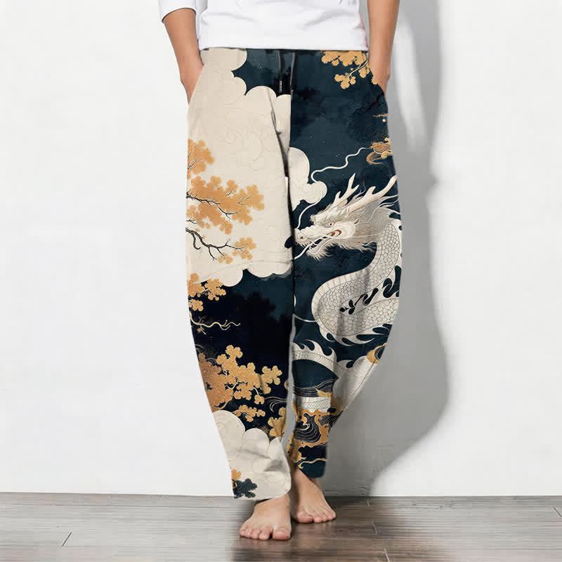 Buddha Stones Herenbroek van 100% Cotton met oosters draken- en wolkenpatroon, trekkoord en Zakken. - Marine - US/UK/AU50, EU60 (5XL) - image 0