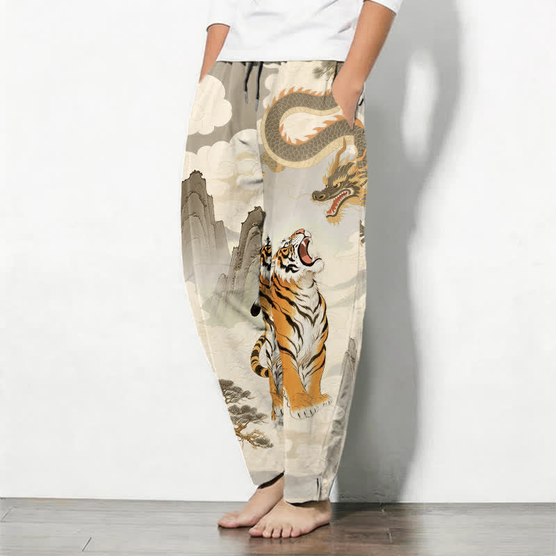 Buddha Stones Getailleerde herenbroek van 100% Cotton met Zakken en zakken, met tijger- en drakenpatroon. - image 1