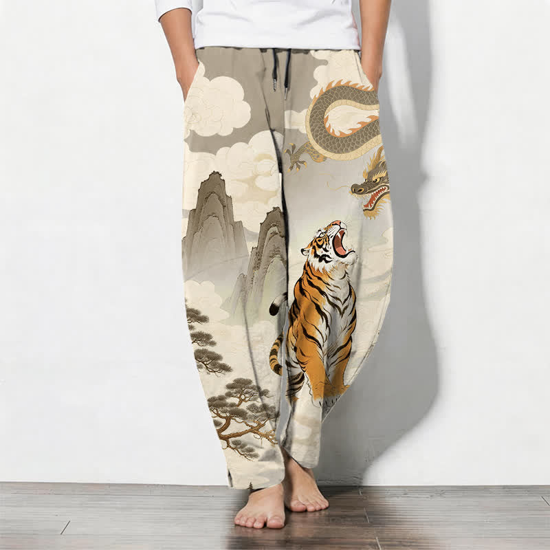 Buddha Stones Getailleerde herenbroek van 100% Cotton met Zakken en zakken, met tijger- en drakenpatroon. - Bruinen - US/UK/AU50, EU60 (5XL) - image 0