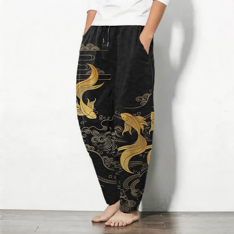 Buddha Stones Herenbroek van 100% Cotton met gouden koivis-golfpatroon, trekkoord en Zakken. - image 1