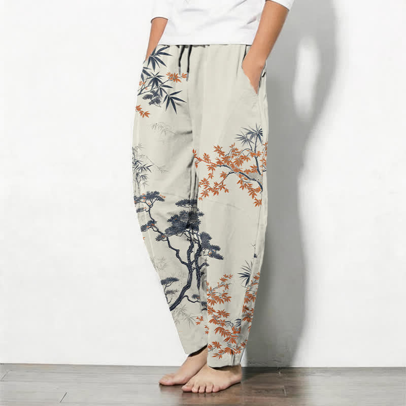Buddha Stones Herenbroek van 100% Cotton met esdoorn-, bamboe- en dennenpatroon, trekkoord en Zakken. - image 1