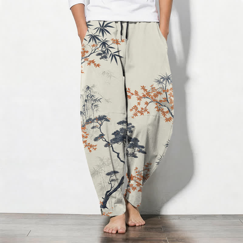 Buddha Stones Herenbroek van 100% Cotton met esdoorn-, bamboe- en dennenpatroon, trekkoord en Zakken. - Linnen - US/UK/AU50, EU60 (5XL) - image 0