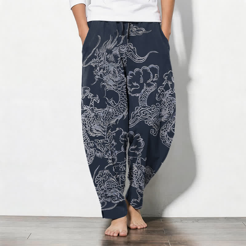 Buddha Stones Herenbroek van 100% Cotton met draken- en wolkenpatroon, trekkoord en taps toelopende pijpen, inclusief Zakken. - Marine - US/UK/AU50, EU60 (5XL) - image 0