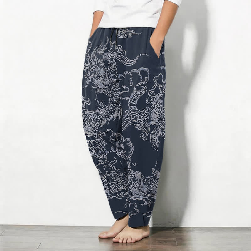 Buddha Stones Herenbroek van 100% Cotton met draken- en wolkenpatroon, trekkoord en taps toelopende pijpen, inclusief Zakken. - image 1
