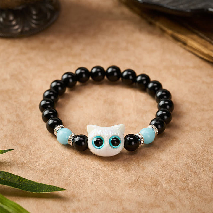 Buddha Stones Zwarte obsidiaan Armband met schattige grote ogen en kralen ter bescherming van een kat - image 2