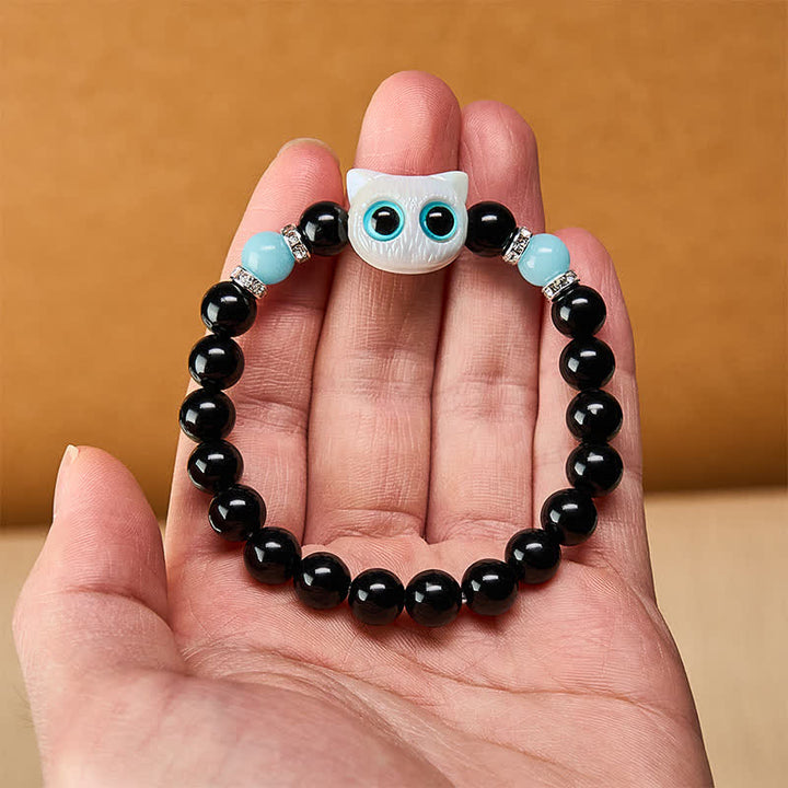 Buddha Stones Zwarte obsidiaan Armband met schattige grote ogen en kralen ter bescherming van een kat - image 10