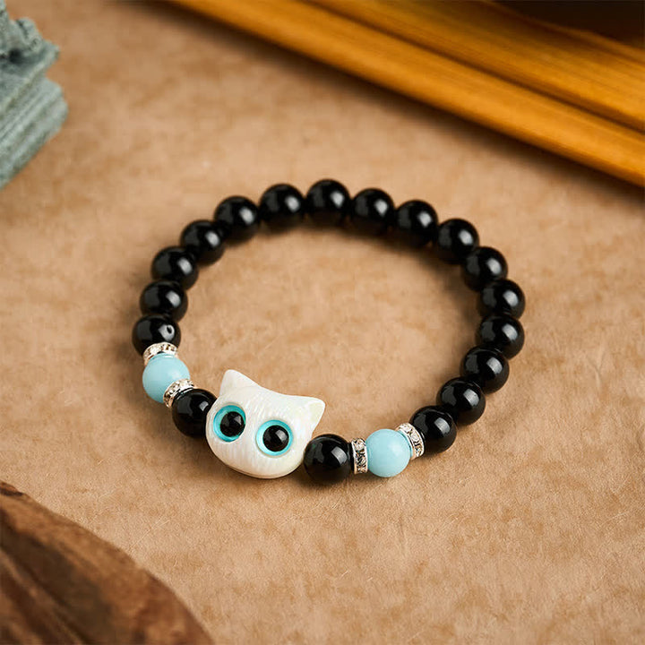 Buddha Stones Zwarte obsidiaan Armband met schattige grote ogen en kralen ter bescherming van een kat - image 8