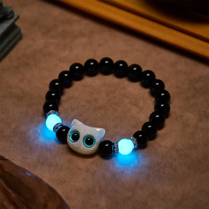Buddha Stones Zwarte obsidiaan Armband met schattige grote ogen en kralen ter bescherming van een kat - image 4