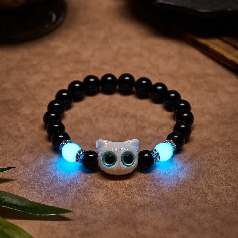 Buddha Stones Zwarte obsidiaan Armband met schattige grote ogen en kralen ter bescherming van een kat - Witte kat (Polsomtrek: 15-16 cm) - image 1