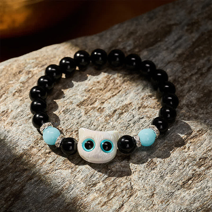 Buddha Stones Zwarte obsidiaan Armband met schattige grote ogen en kralen ter bescherming van een kat - image 3
