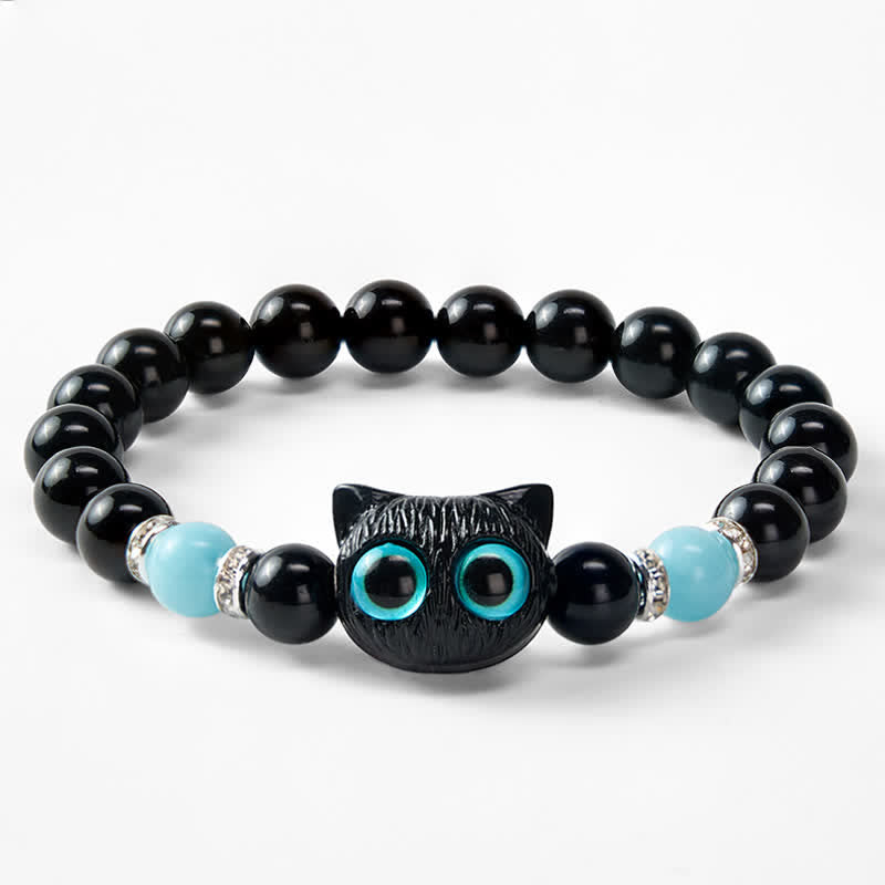 Buddha Stones Zwarte obsidiaan Armband met schattige grote ogen en kralen ter bescherming van een kat - image 22