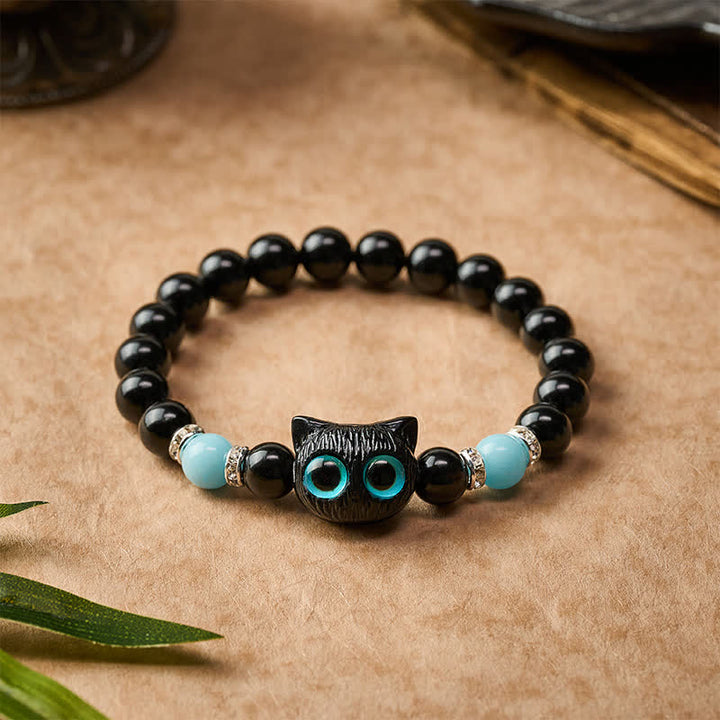Buddha Stones Zwarte obsidiaan Armband met schattige grote ogen en kralen ter bescherming van een kat - image 14