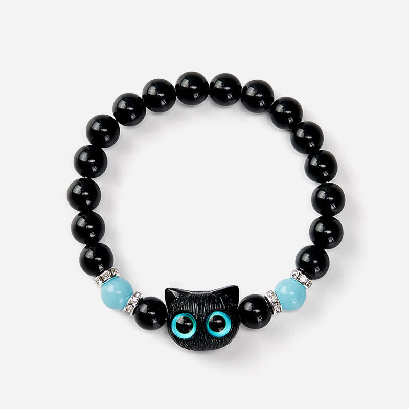 Buddha Stones Zwarte obsidiaan Armband met schattige grote ogen en kralen ter bescherming van een kat - image 21