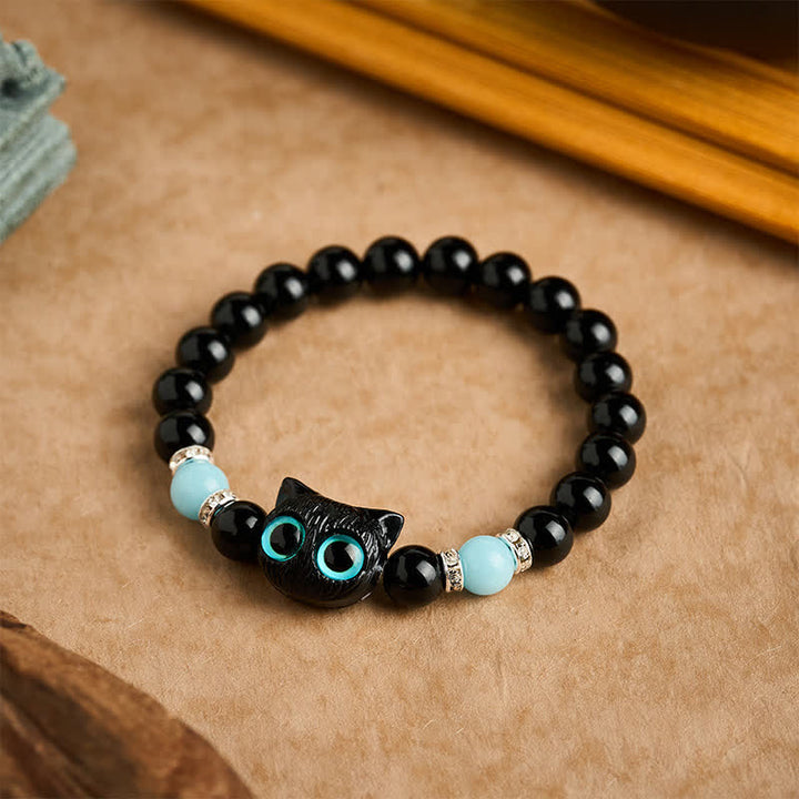 Buddha Stones Zwarte obsidiaan Armband met schattige grote ogen en kralen ter bescherming van een kat - image 18