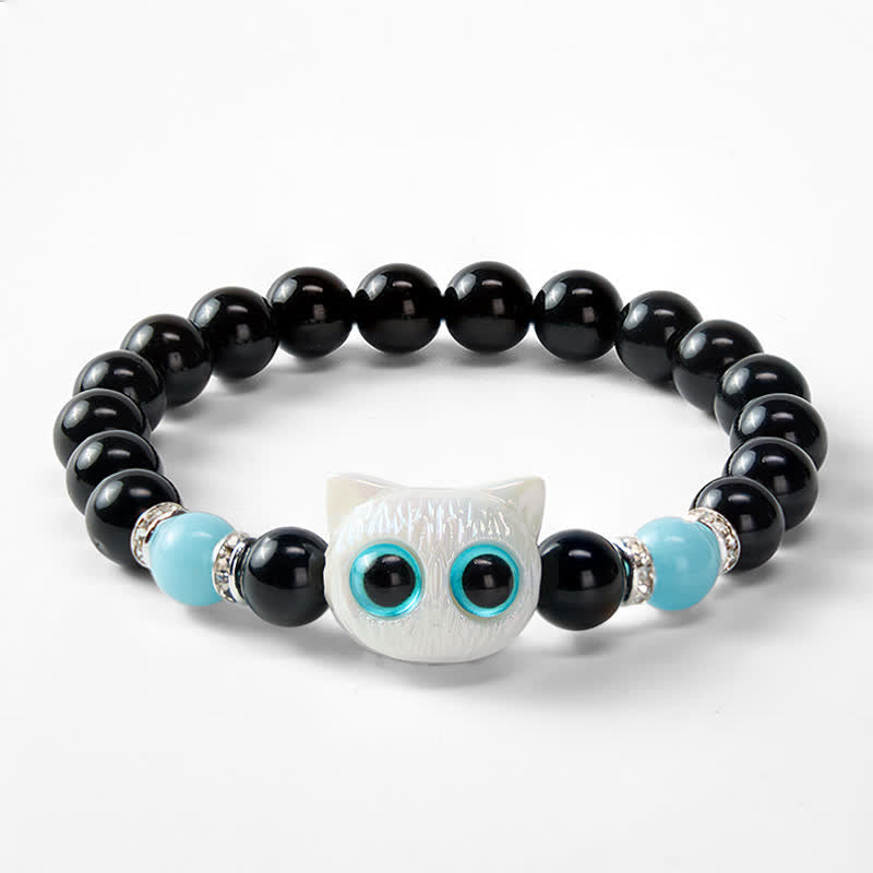 Buddha Stones Zwarte obsidiaan Armband met schattige grote ogen en kralen ter bescherming van een kat - image 12