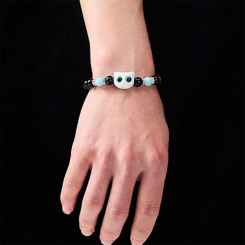 Buddha Stones Zwarte obsidiaan Armband met schattige grote ogen en kralen ter bescherming van een kat - image 5