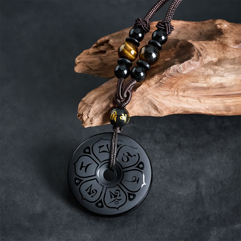Buddha Stones Zwarte obsidiaan vredesgesp beschermingsgesp gegraveerde gevlochten Ketting - image 1