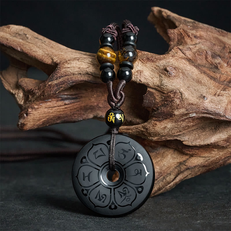 Buddha Stones Zwarte obsidiaan vredesgesp beschermingsgesp gegraveerde gevlochten Ketting - Om Mani Padme Hum(Liefde ♥ Wijsheid) - image 0