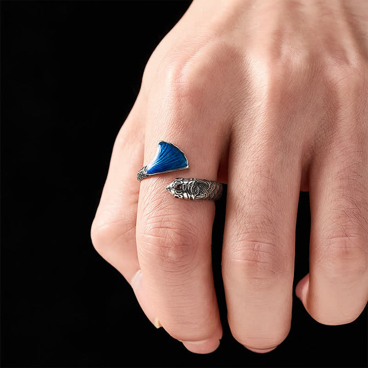 Buddha Stones Vintage Koi Vis Blauw Emaille Verstelbare Succes Ring - image 4