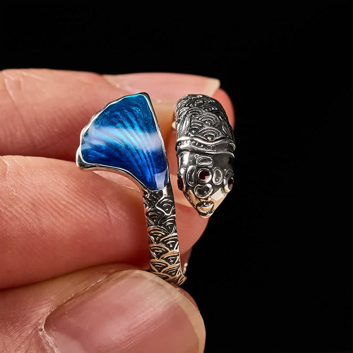 Buddha Stones Vintage Koi Vis Blauw Emaille Verstelbare Succes Ring - image 3