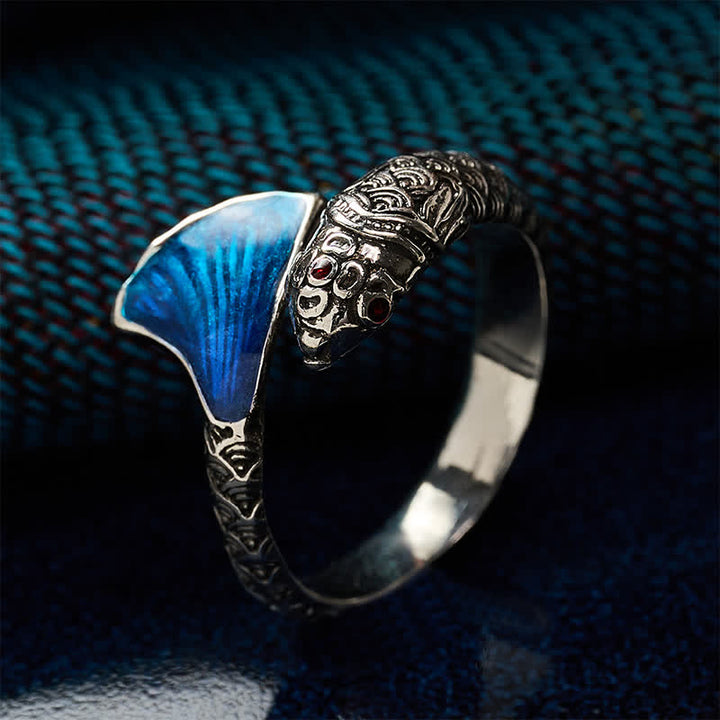 Buddha Stones Vintage Koi Vis Blauw Emaille Verstelbare Succes Ring - image 2