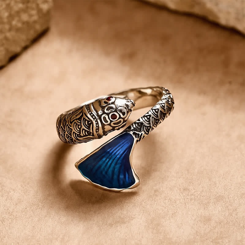Buddha Stones Vintage Koi Vis Blauw Emaille Verstelbare Succes Ring - image 1