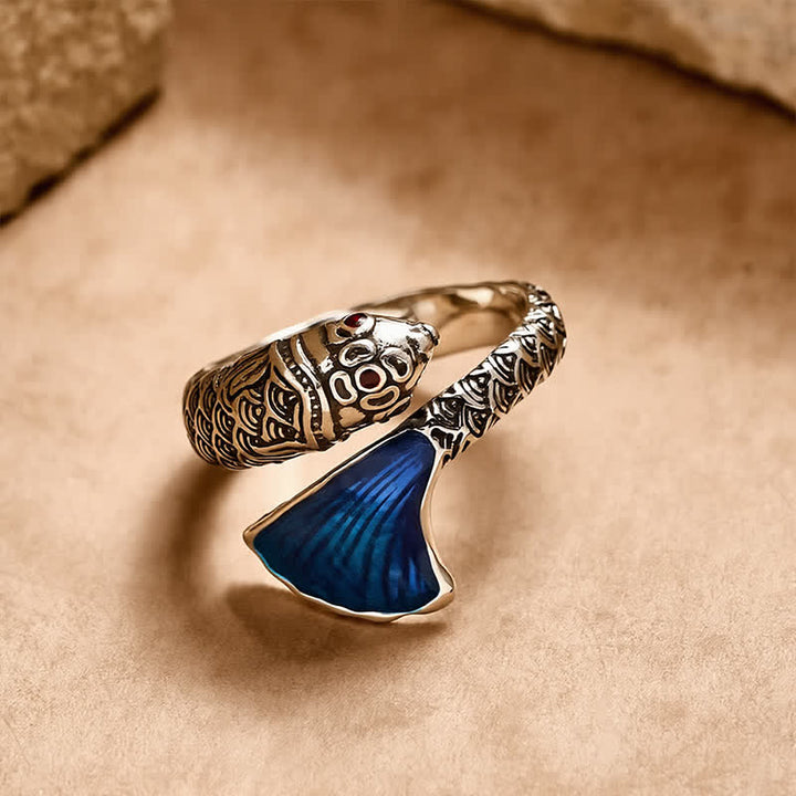 Buddha Stones Vintage Koi Vis Blauw Emaille Verstelbare Succes Ring - image 1