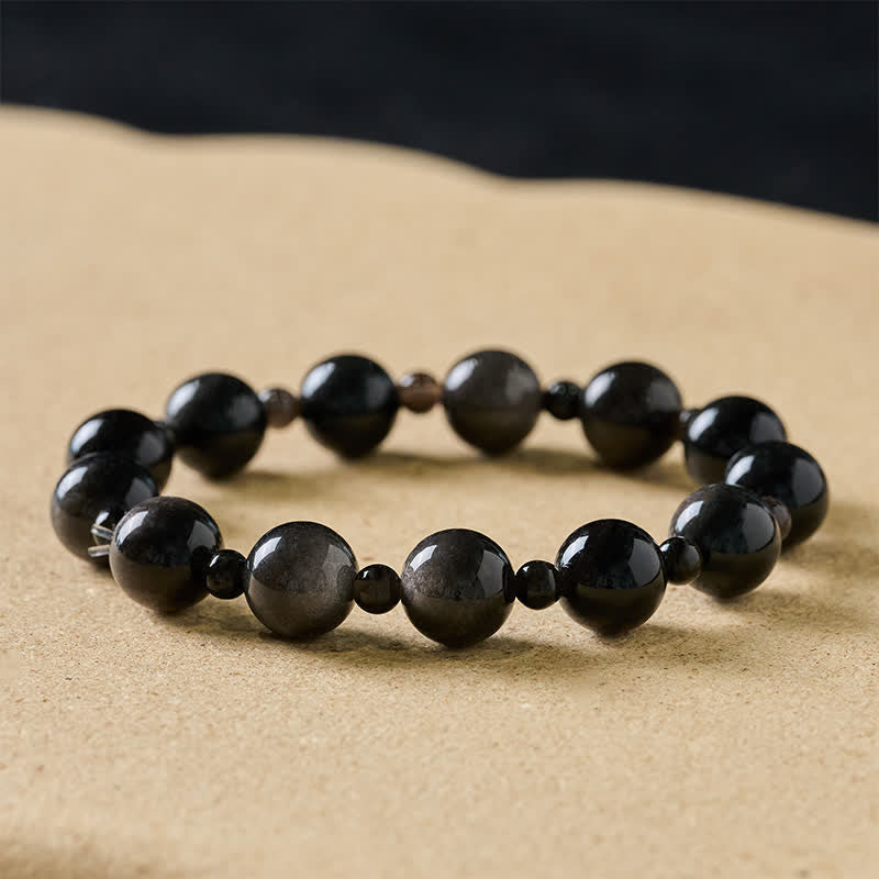Buddha Stones Armband met enkele en dubbele laag ronde kralen van zwarte obsidiaan - 10mm zwarte obsidiaan - Enkele wikkel - image 0