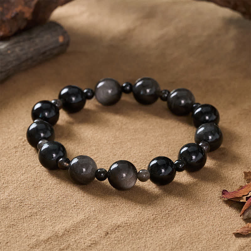 Buddha Stones Armband met enkele en dubbele laag ronde kralen van zwarte obsidiaan - image 1