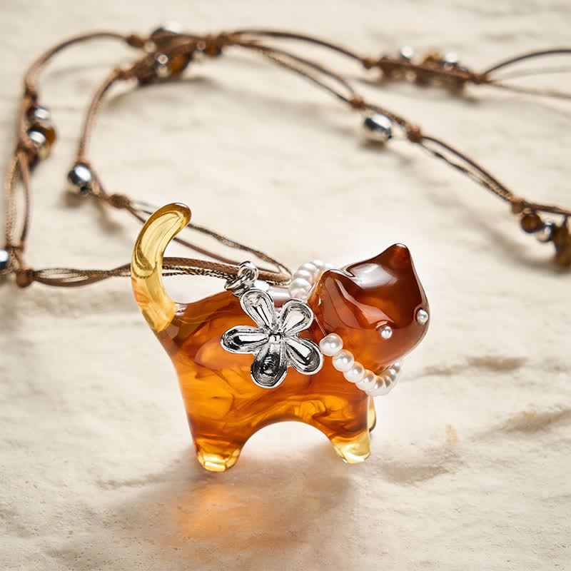 Buddha Stones Hars Zwart Bruine Kat Bloem Parel Kralen Ketting - Bruine kat - image 0