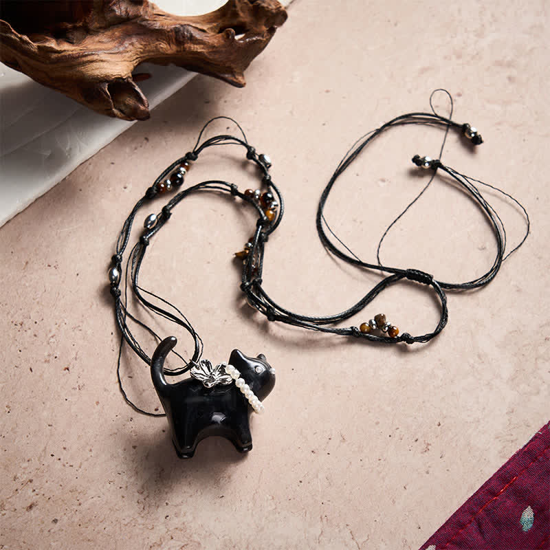 Buddha Stones Hars Zwart Bruine Kat Bloem Parel Kralen Ketting - image 9