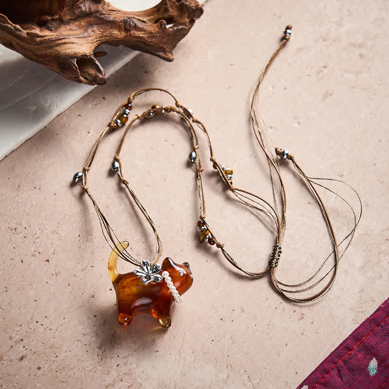 Buddha Stones Hars Zwart Bruine Kat Bloem Parel Kralen Ketting - image 3