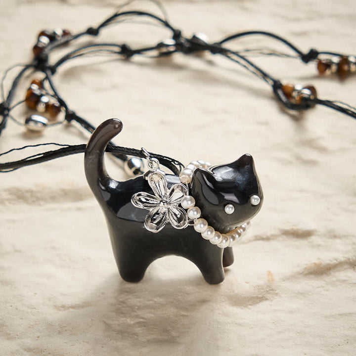 Buddha Stones Hars Zwart Bruine Kat Bloem Parel Kralen Ketting - Zwarte kat - image 6